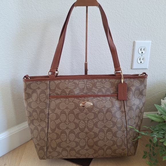 NWT Coach khaki/saddle Peyton zip top tote F33998 - Picture 2 of 7